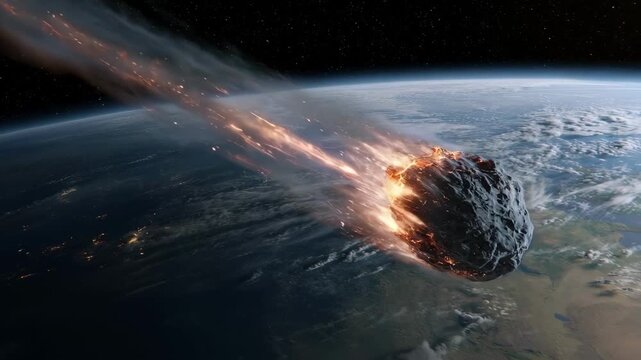 A massive burning asteroid hurtles towards planet Earth from space. A meteor enters the atmosphere with a fiery trail of smoke. Apocalypse and extinction event concept. Vertical video animation