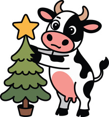 Cartoon Cow Decorating Christmas Tree with Star in Festive Holiday Scene for Seasonal Design