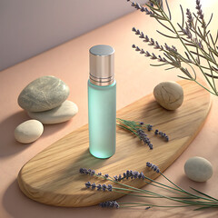 Serene essential oil perfume bottle surrounded by natural elements on a wooden surface illustration