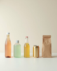 Transparent bottle Plastic bottle Glass bottle Aluminum can Paper bag Beverage container Minimalist product Recyclable packaging Neutral background Studio photography