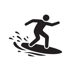 Surfer icon on surfboard riding wave, surfing pictogram symbol, water sport vector illustration