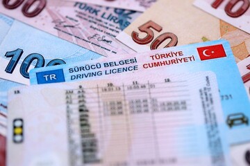 Turkiye driving permit concept. Driver license and turkish liras money bills close up