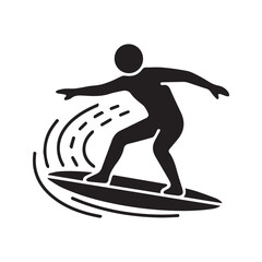 Surfer icon on surfboard riding wave, surfing pictogram symbol, water sport vector illustration