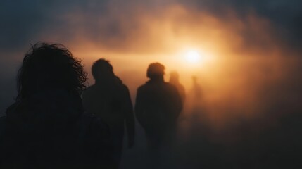 Fototapeta premium Group of people walking through thick fog towards a bright sunrise their silhouettes illuminated by the warm light