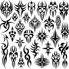 Fototapeta premium Tribal Tattoo Vector Set – Black Abstract Symmetrical Designs Featuring Flames, Stars, Masks, and Organic Motifs