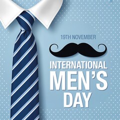 International mens day greeting card with tie and mustache on blue background