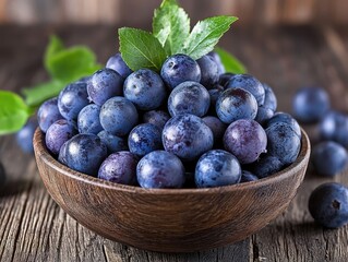 A wooden bowl filled with fresh blueberries and green leaves on a rustic wooden surface close up view