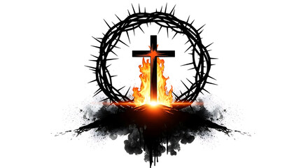 Cross and Crown of Thorns Silhouette with Burning Fire