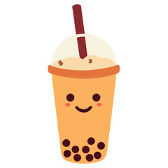 Smiling Cup of Bubble Tea with Chubby Straw and Tapioca Pearls | Cute Kawaii Boba Tea Illustration with Happy Face | Adorable Bubble Tea Cup Filled with Pearls | Charming Cartoon Milk Tea with Cute