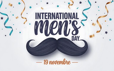 International mens day celebration with mustache and confetti isolated on white background