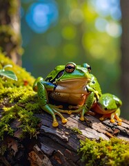 Green Tree Frog on Mossy Branch in Natural Habitat.