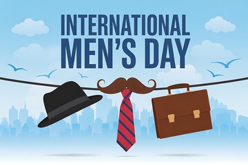 International mens day celebration with hat, mustache, tie, and briefcase hanging