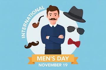 International mens day celebration with man, hat, mustache, glasses, and bow tie