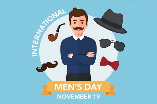 International mens day celebration with man, hat, mustache, glasses, and bow tie - Powered by Adobe