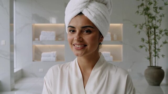 Smiling female with smooth complexion and towel turban skincare and wellness concept