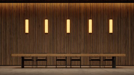 Long wooden table with chairs and hanging pendant lights in a modern room.