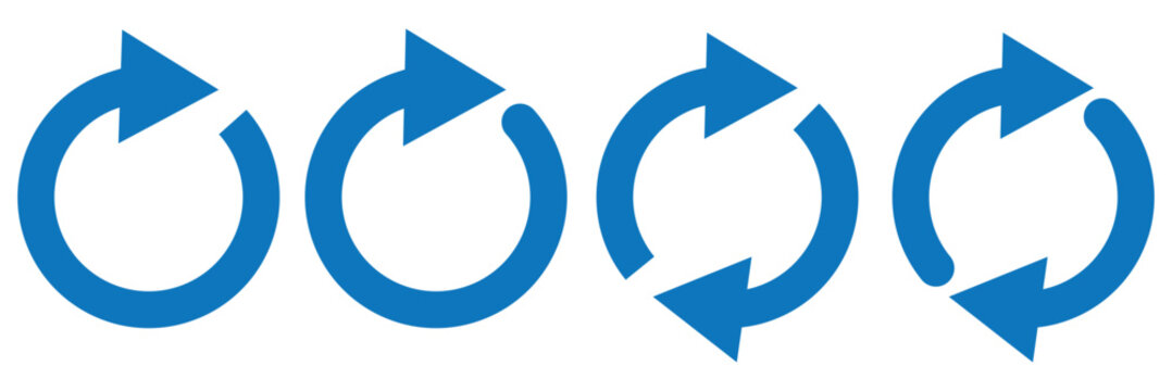 Blue circle arrows icon set. Round reload sign, repeat icon, rotate arrow symbol, arrow pictogram, refresh reload rotation loop sign set