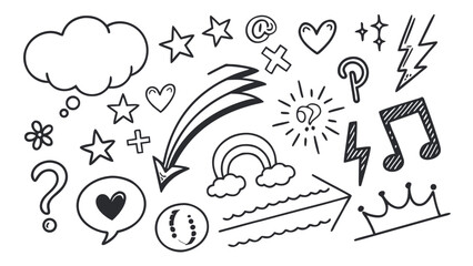 Mega Doodle Element Pack: Hand Drawn Arrows, Crown, Music Note, and Social Icons Sketch Vector