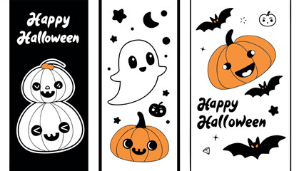Kawaii Happy Halloween Banners: Cute Ghost and Stacked Pumpkins Vector Template Set