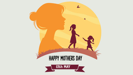 Happy Mothers Day Silhouette Design: Mother and Daughters Playing Under Sunset Sky Vector