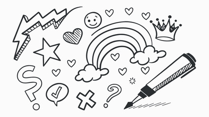Monochrome Hand Drawn Doodle Set: Rainbow, Lightning, Crown, and Hearts with Marker Pen Sketch