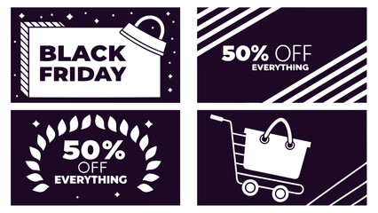 Exclusive Black Friday Sale Banners Set: 50% Off Discount Templates with Shopping Cart & Bag