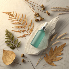 Natural skincare serum bottle flat lay with dried botanicals and textured surface illustration
