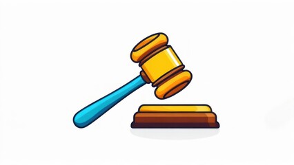Cartoon gavel on a wooden block, set against a white background. Simple, illustrative style