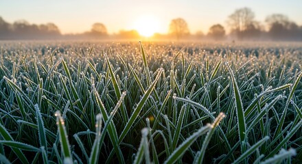 Close up of frosted grass with sunrise over field on a clear morning