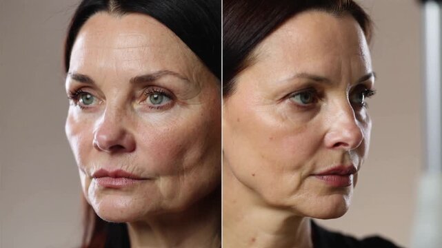 Skincare treatment result comparison woman face showing before and after rejuvenation