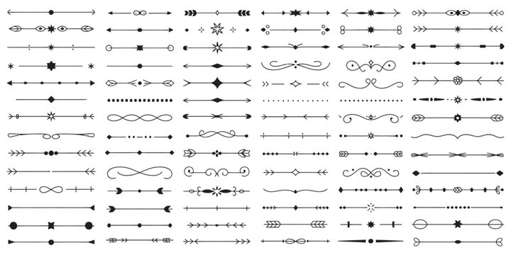 A large set of black and white line drawing ornamental page dividers