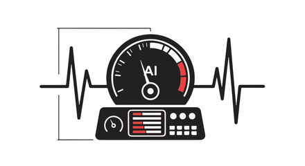 Artificial intelligence performance gauge with vital sign waveform, symbolizing AI health and progress.