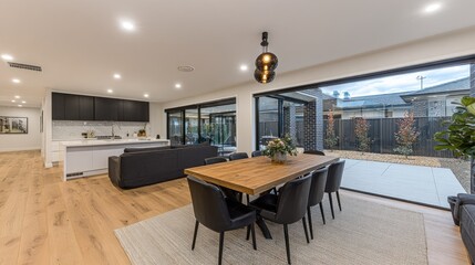 Modern dining area and kitchen with backyard view.