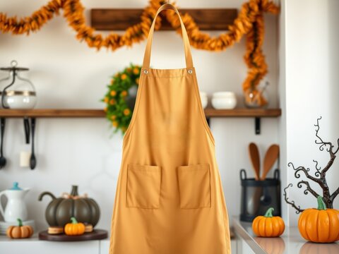 Cozy autumn kitchen decor with halloween accents and orange apron festive ambiance