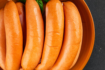 Sausage meat pork or chicken meat fast food natural tasty appetizer fresh delicious gourmet food background on the table rustic top view copy space