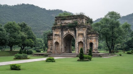 Fototapeta premium Ancient stone structure in lush green park with transparent background