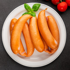 Sausage meat pork or chicken meat fast food natural tasty appetizer fresh delicious gourmet food background on the table rustic top view copy space