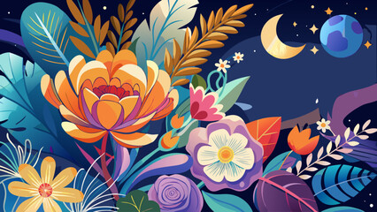 Fototapeta premium Very beautiful abstract floral background titled “Night Bloom,” featuring vibrant flowers and dark contrasting tones, perfect for Mother’s Day designs and overlaying text.