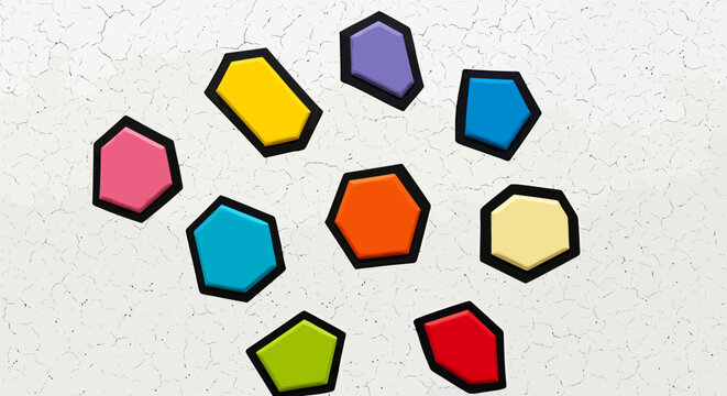 Colorful Heptagon Arrangement with Black Outlines and Cartoonish Style