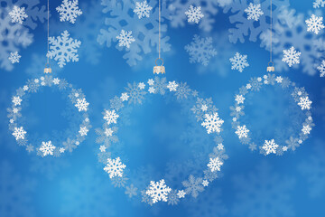 Christmas blue background of white snowflakes in the shape of a ball on a Christmas tree. Holiday card for New Year and Christmas with space for greetings, labels and your design.