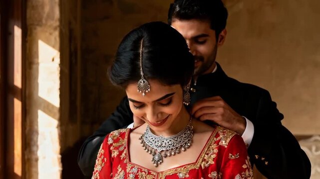 Indian groom helping his bride put on an ornate silver necklace. A loving couple getting ready for their traditional wedding ceremony. South Asian culture, love, and marriage concept