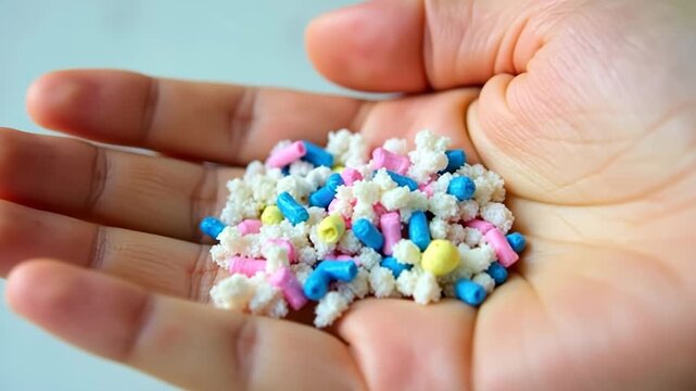 Human hand holding colorful microplastic granules as a symbol of ocean pollution awareness