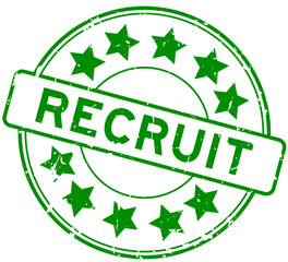 Grunge green recruit word with star icon round rubber seal stamp on white background