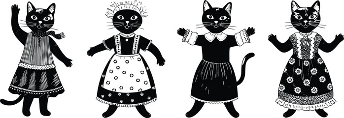 Cute dressed black cats illustration playful cartoon animals wearing clothes adorable vector artwork fashion characters stylish feline design for decoration