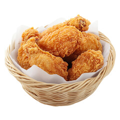 Crispy golden fried chicken drumsticks in a woven basket Isolated transparent on white background