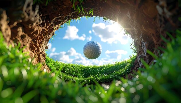 Low angle view of a golf ball hovering above a hole. Bright sun shines through a blue sky. Green grass frames the hole's edge
