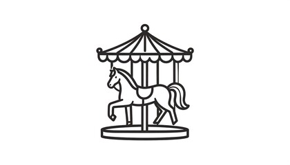 Line art illustration of a carousel. The image shows a horse within a circular structure. Its roof is striped