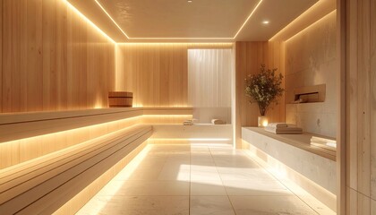 Interior view of a minimalist spa room. Soft lighting illuminates wooden walls, benches, and floor, creating a warm, inviting atmosphere. Details include towels and greenery