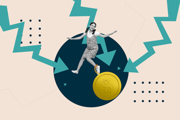 Collage of business person people and falling coins with downward arrow symbolizing financial global world crisis