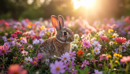 A cute rabbit sitting among colorful wildflowers under gentle morning sunlight